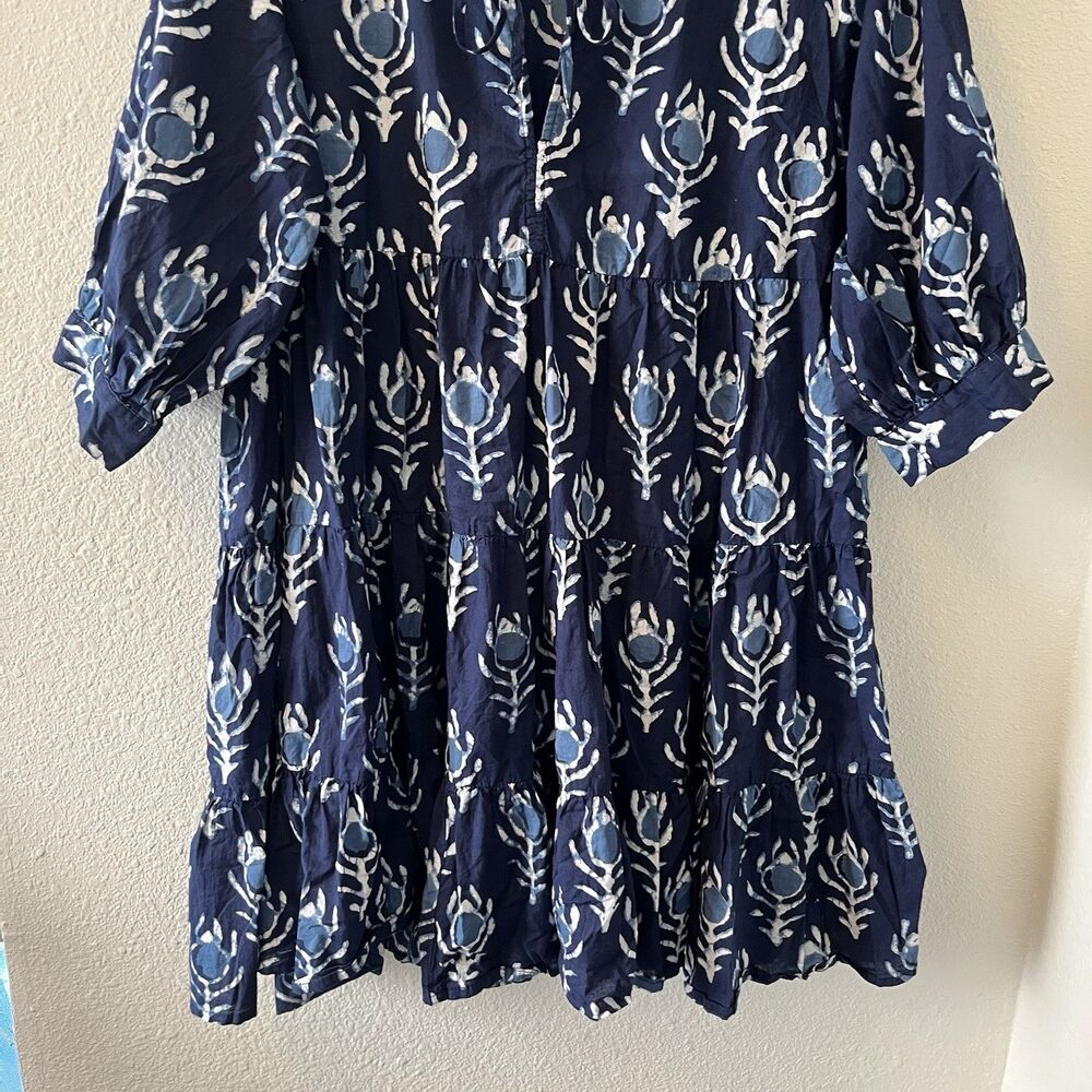 Dress Addict Women's Mini Dress Size Med Blue Batik Tiered Boho Puff Sleeve Chic - Picture 5 of 16